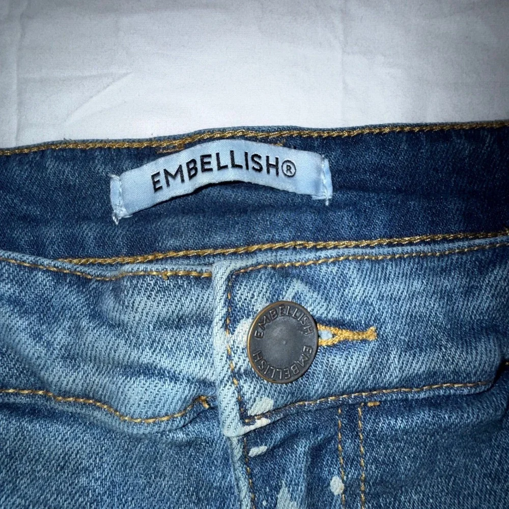 Embellish NYC Distressed Bleach Splatter Moto Skinny Jeans Blue Mens 34 x 30.5
